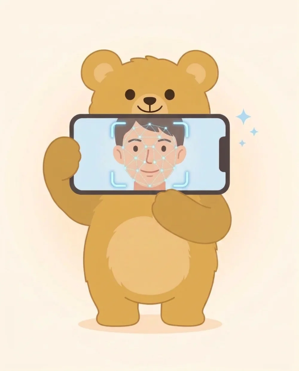 Illustration of Bello the bear holding an iPhone that is scanning a face with an AR mesh